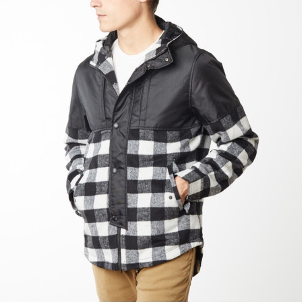 Black and White Raincoat with Plaid Design
